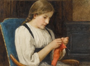 A girl knitting a red sock